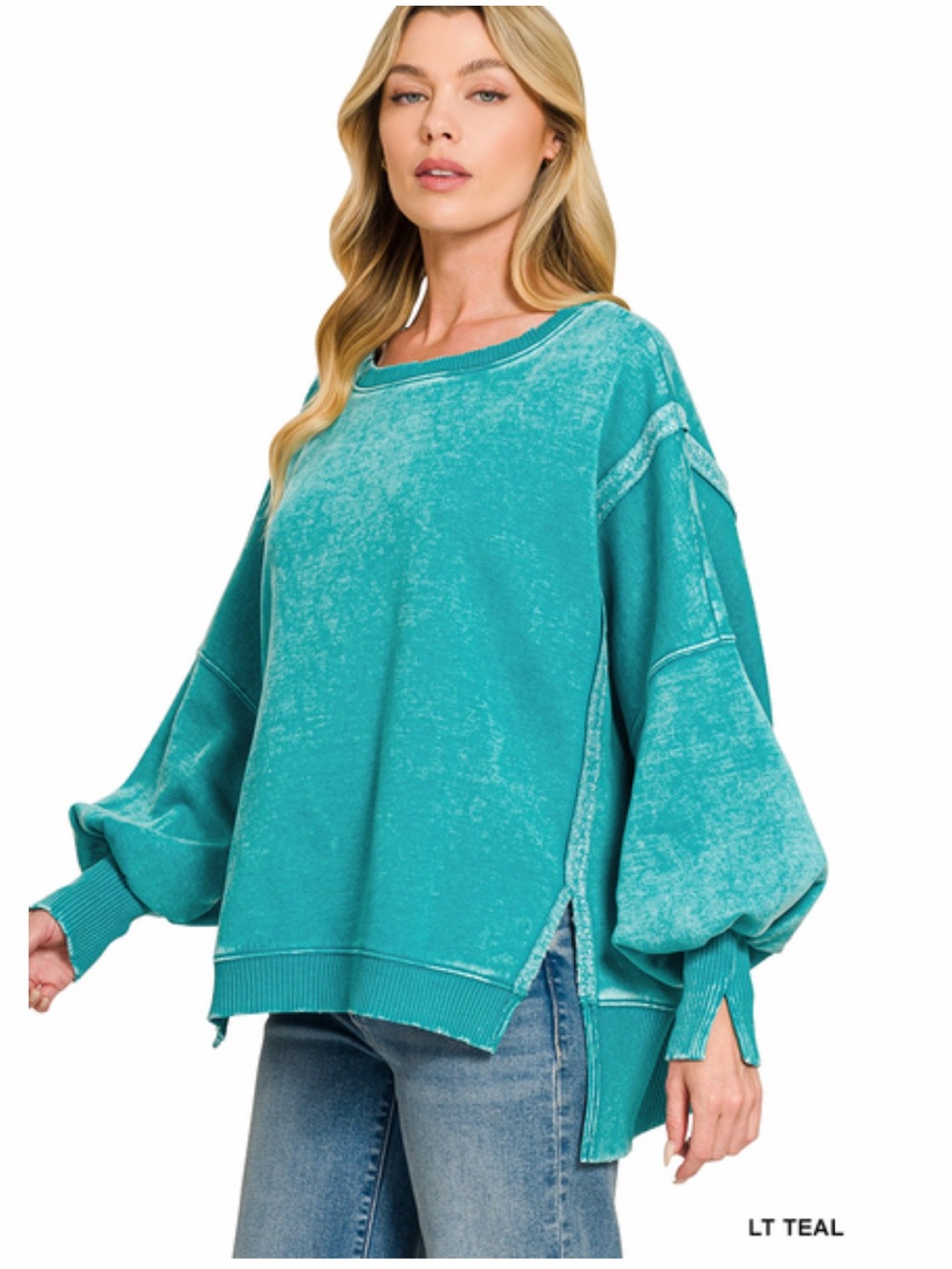 306 small - 3X Zenana light teal acid WASHED
BATWING SLEEVE
FLEECE SWEATSHIRT